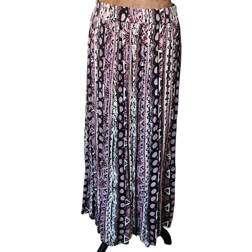 Symphony Midi Skirt 90s Vintage Geometric Pattern Elastic Waist Button Front S/M